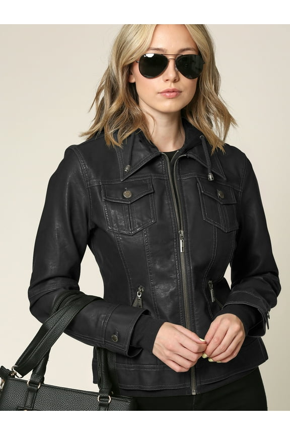 Women's Faux Leather Jacket with Hoodie L BLACK