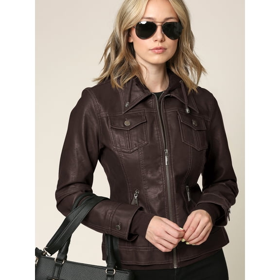 Made by Johnny Women's Faux Leather Jacket with Hoodie L COFFEE