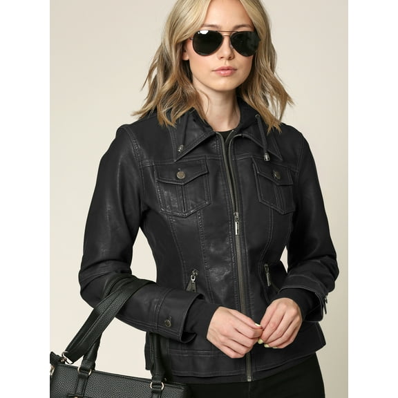 Made by Johnny Women's Faux Leather Jacket with Hoodie M BLACK