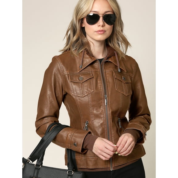 Made by Johnny Women's Faux Leather Jacket with Hoodie M CAMEL