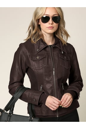 Women's Faux Leather Jacket with Hoodie M COFFEE