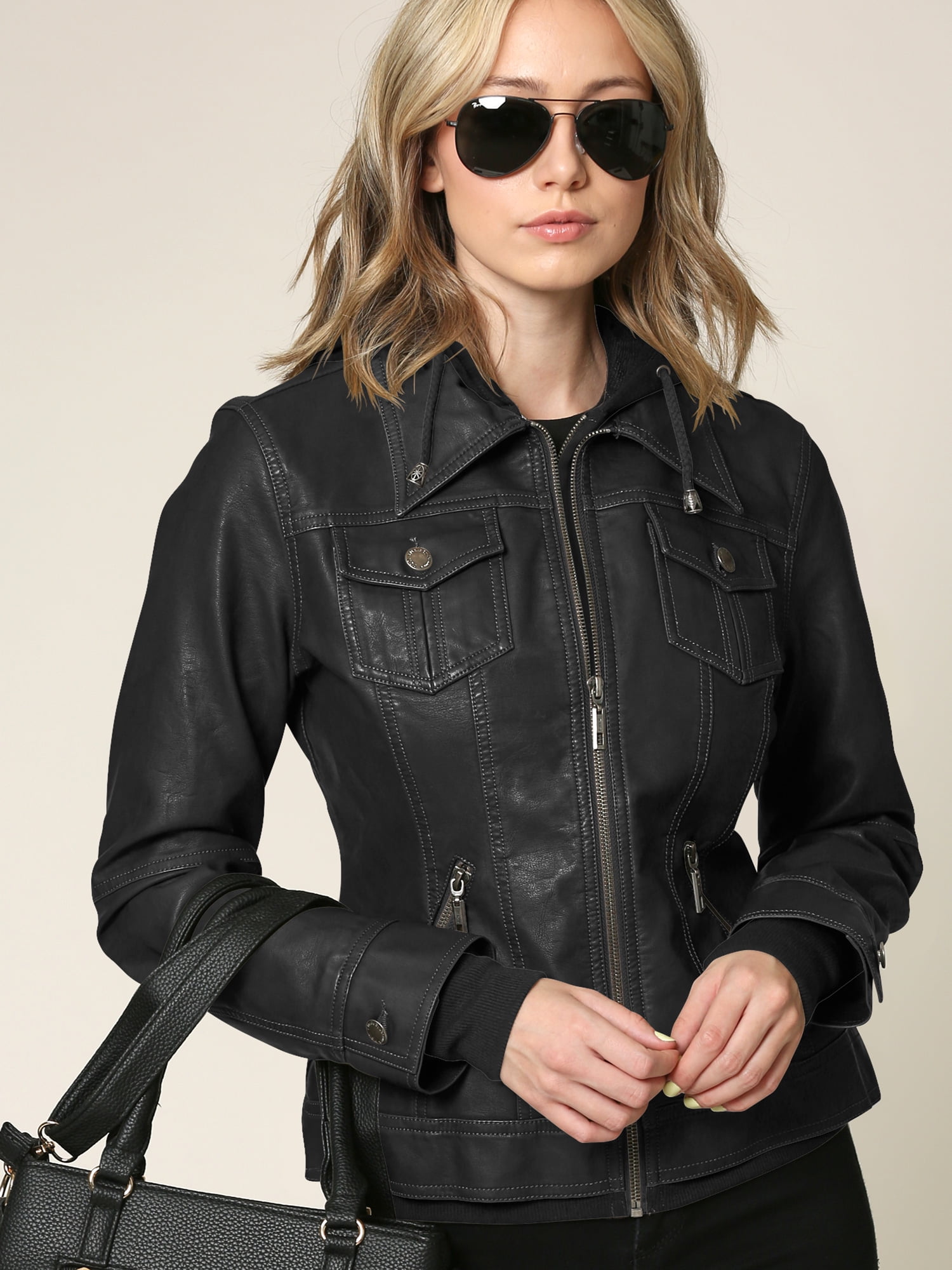 Made by Johnny Women's Faux Leather Jacket with Hoodie S BLACK