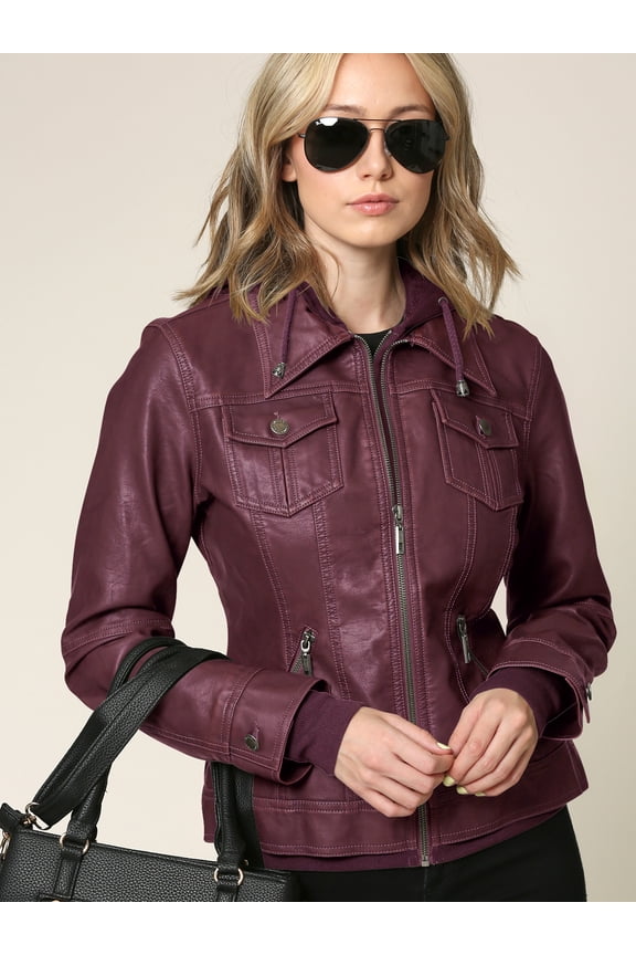 Women's Faux Leather Jacket with Hoodie S WINE