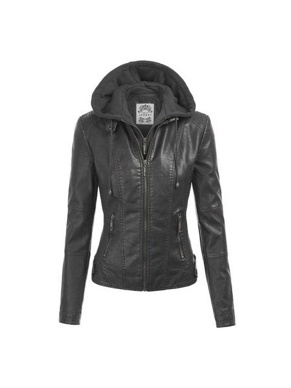 Women's Faux Leather Quilted Motorcycle Jacket with Hoodie M BLACK