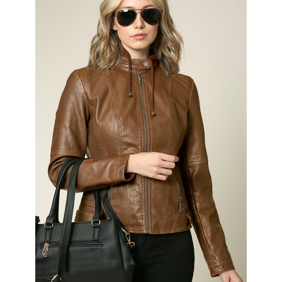Made by Johnny Women's Faux Leather Quilted Motorcycle Jacket with Hoodie S CAMEL