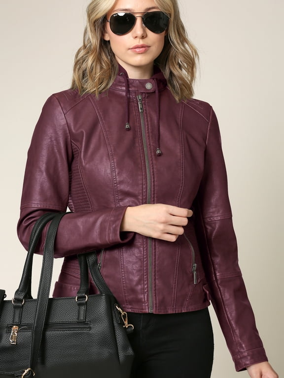 Women's Faux Leather Quilted Motorcycle Jacket with Hoodie XXL WINE