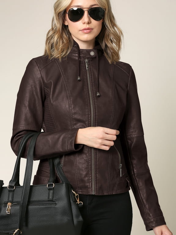 Women's Faux Leather Quilted Motorcycle Jacket with Hoodie XXXL COFFEE