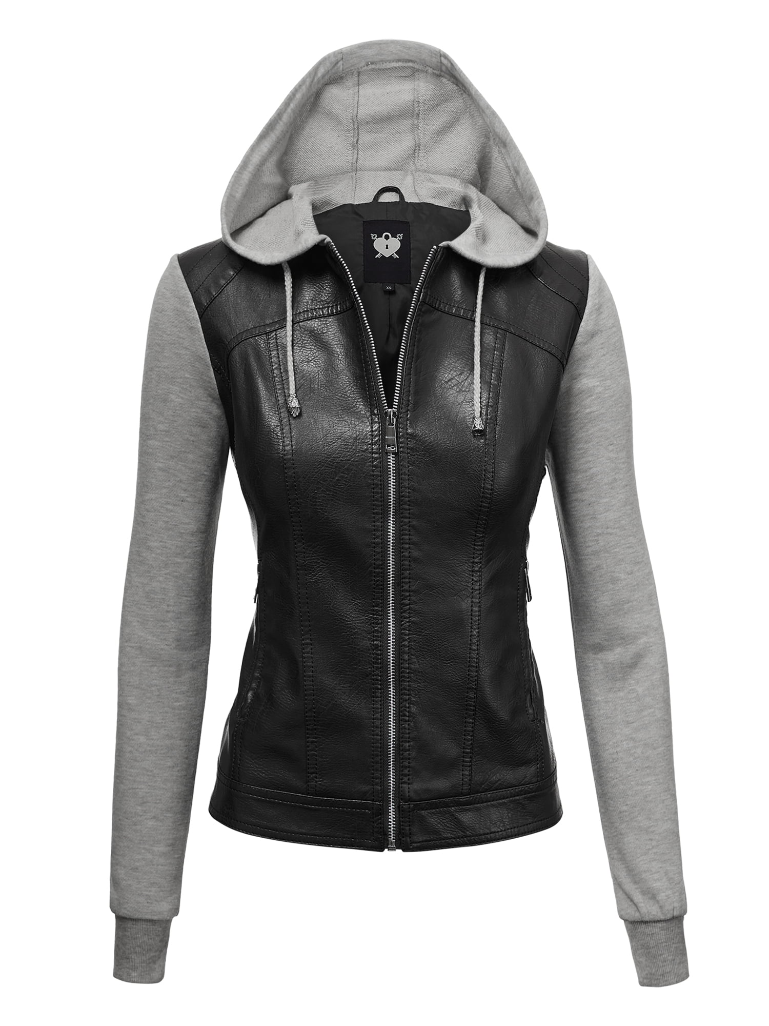 Made by Johnny Women's Faux Leather Zip Up Moto Biker Jacket with Hoodie L BLACK_H.GREY