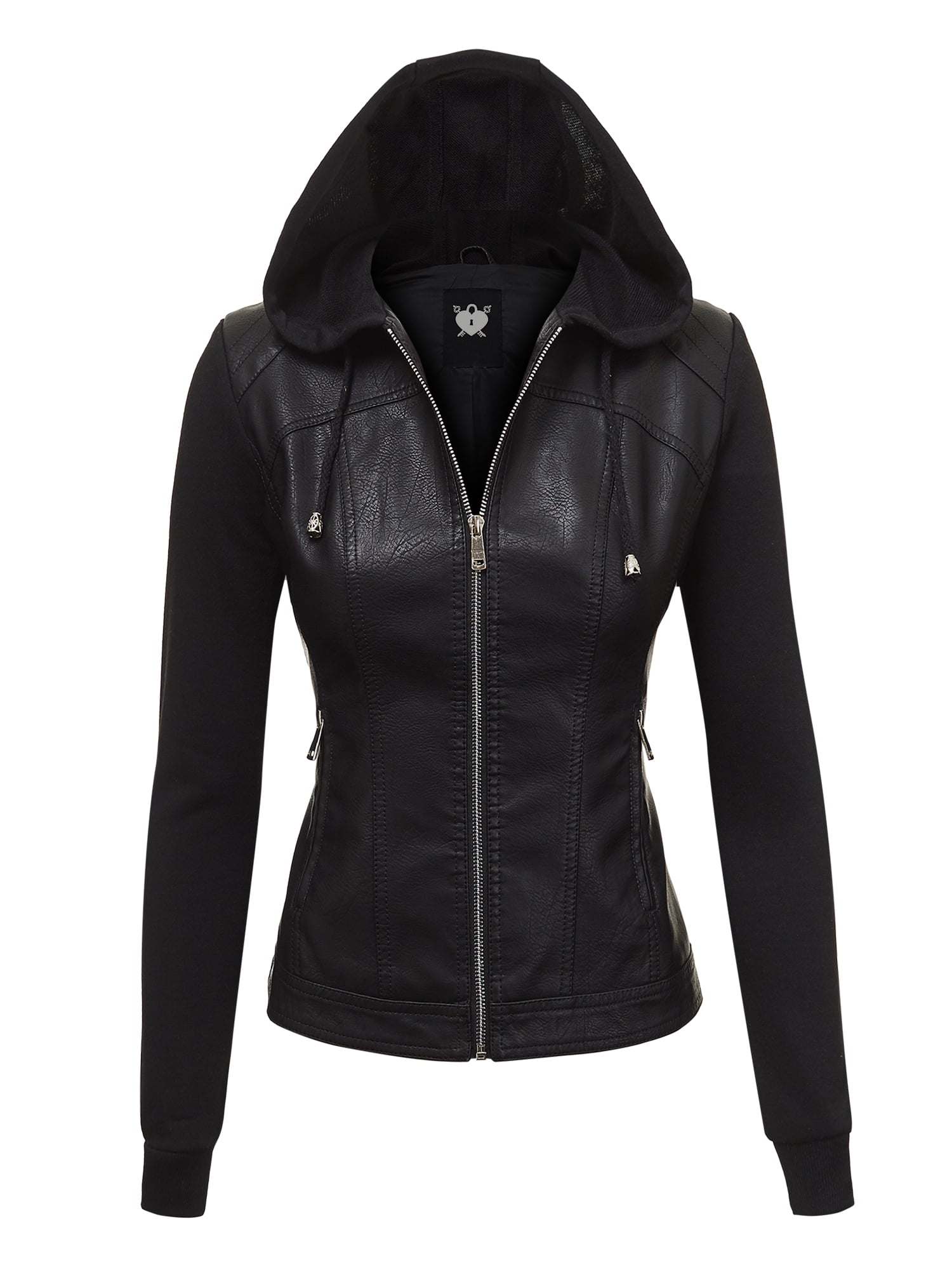 Made by Johnny Women's Faux Leather Zip Up Moto Biker Jacket with Hoodie M BLACK_BLACK