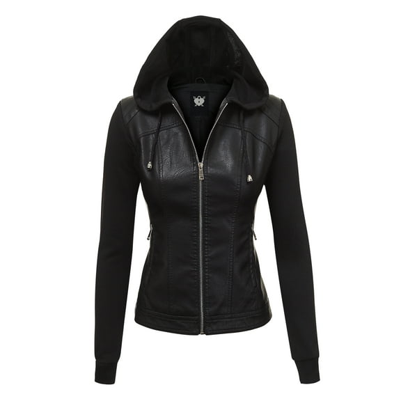 Made by Johnny Women's Faux Leather Zip Up Moto Biker Jacket with Hoodie M BLACK_BLACK