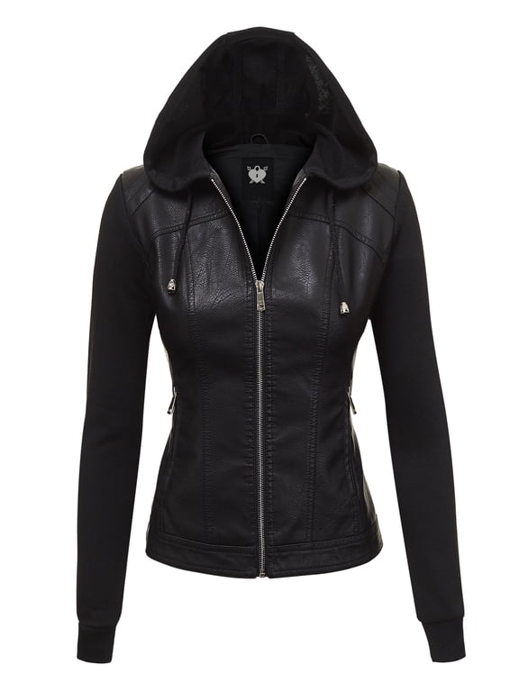 Women's Faux Leather Zip Up Moto Biker Jacket with Hoodie M BLACK_BLACK