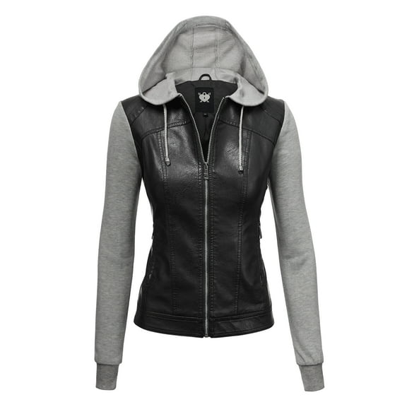Made by Johnny Women's Faux Leather Zip Up Moto Biker Jacket with Hoodie XL BLACK_H.GREY