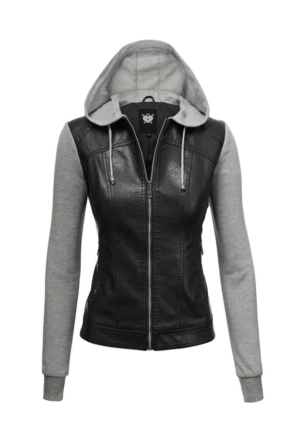 Women's Faux Leather Zip Up Moto Biker Jacket with Hoodie XL BLACK_H.GREY