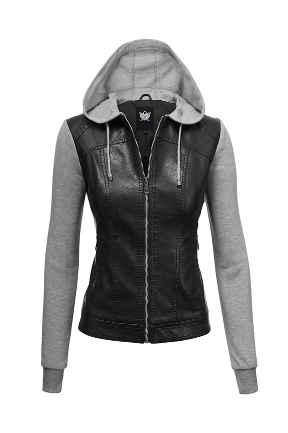 Women's Faux Leather Zip Up Moto Biker Jacket with Hoodie XS BLACK_H.GREY