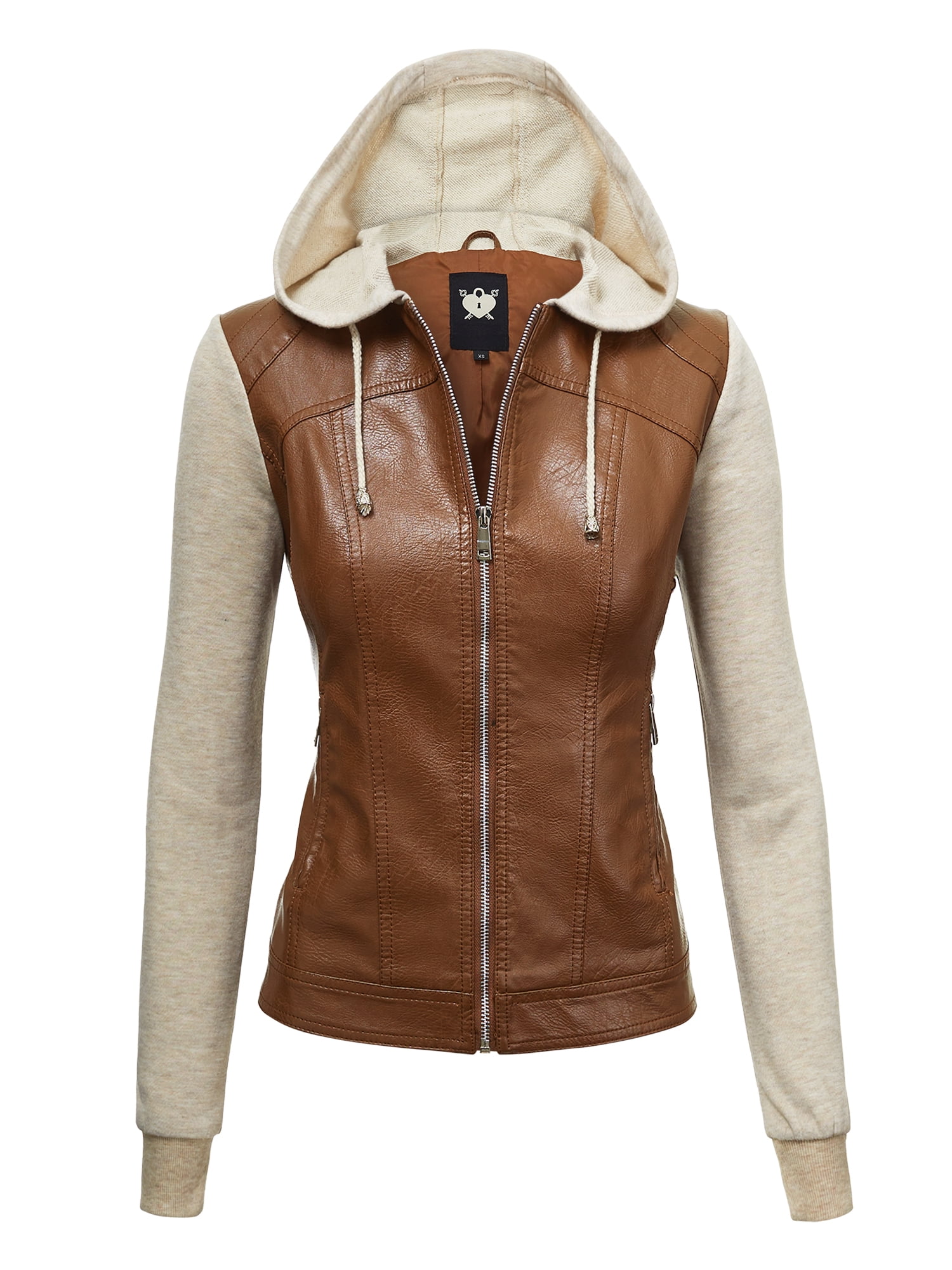 Made by Johnny Women's Faux Leather Zip Up Moto Biker Jacket with Hoodie XS CAMEL_OATMEAL