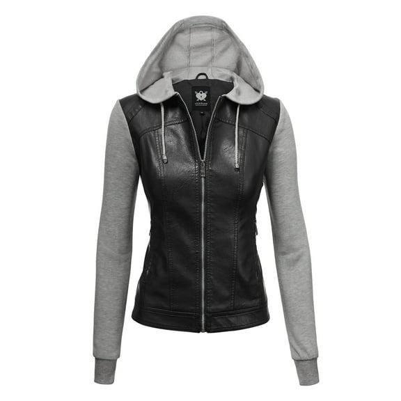 Made by Johnny Women's Faux Leather Zip Up Moto Biker Jacket with Hoodie XXL BLACK_H.GREY