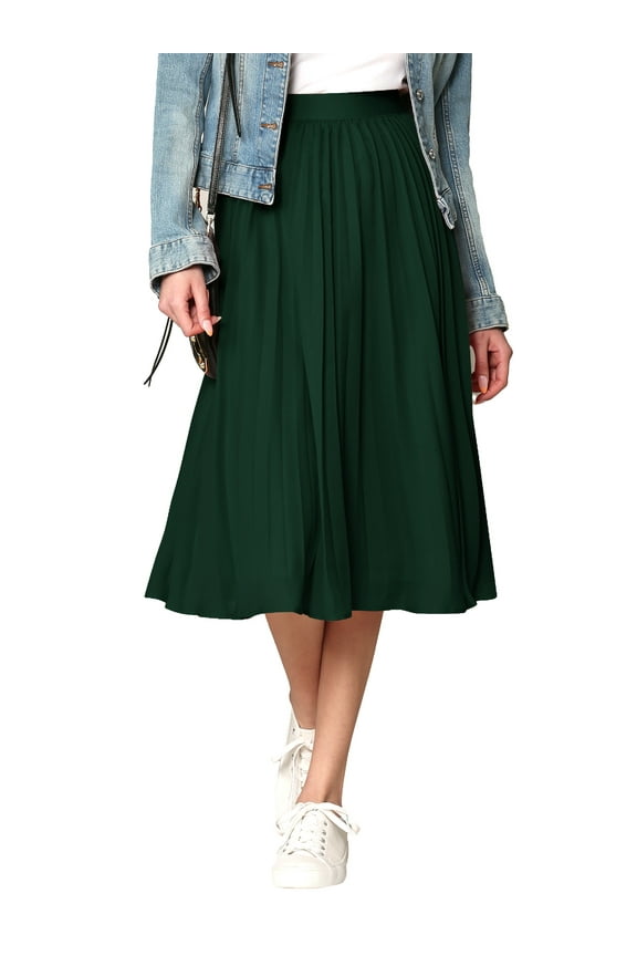 Women's High Elastic Waist Pleated Mid A-Line Swing Skirt L HUNTER_GREEN