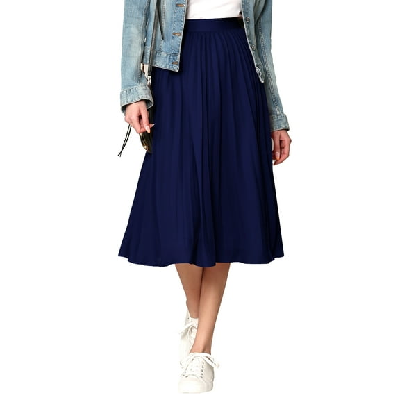Made by Johnny Women's High Elastic Waist Pleated Mid A-Line Swing Skirt L NAVY