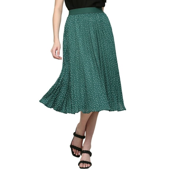 Made by Johnny Women's High Elastic Waist Pleated Mid A-Line Swing Skirt M GREEN_POLKA