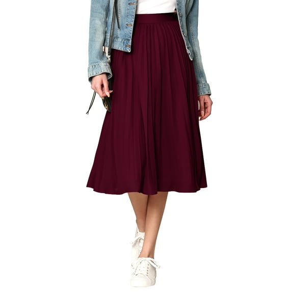 Made by Johnny Women's High Elastic Waist Pleated Mid A-Line Swing Skirt S WINE