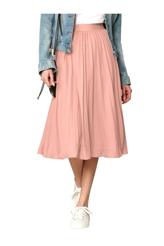 Women's High Elastic Waist Pleated Mid A-Line Swing Skirt XL PINK
