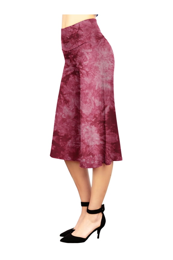 Women's High Elastic Waistband Wide Leg Palazzo Culotte Gaucho Tie dye Capri Pants M WINE