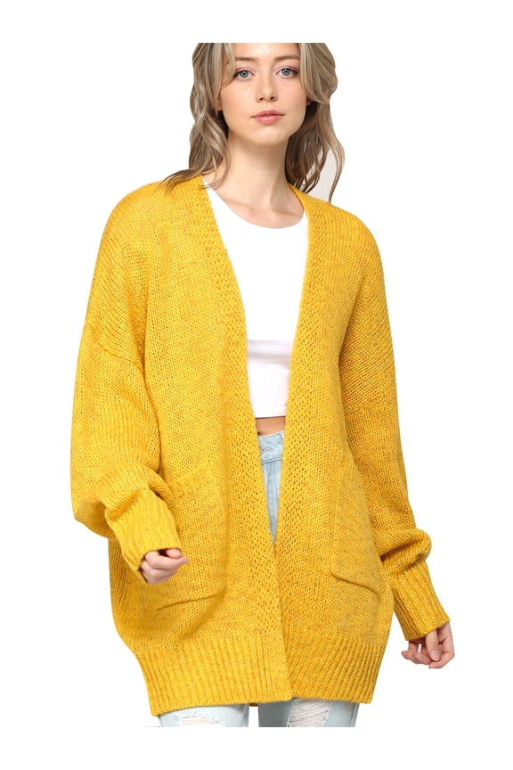 Women's Kimono Long Sleeve Batwing Open Front Chunky Knit Cardigan Loose Sweater with Pockets M MUSTARD