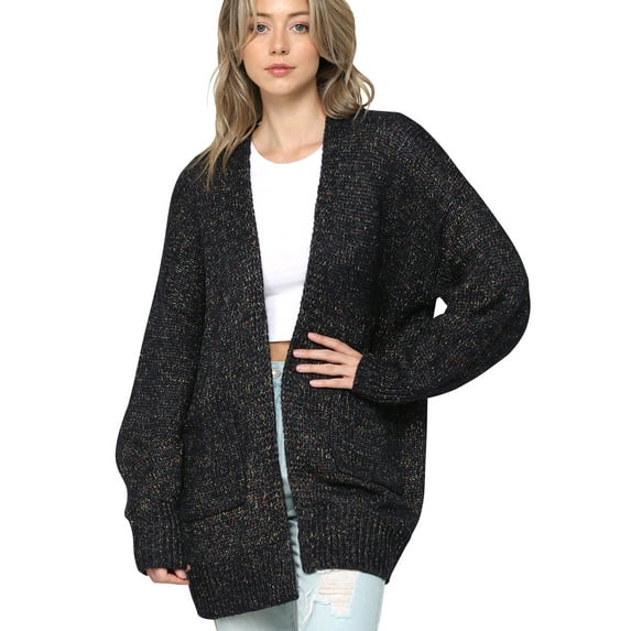 Made by Johnny Women's Kimono Long Sleeve Batwing Open Front Chunky Knit Cardigan Loose Sweater with Pockets S BLACK