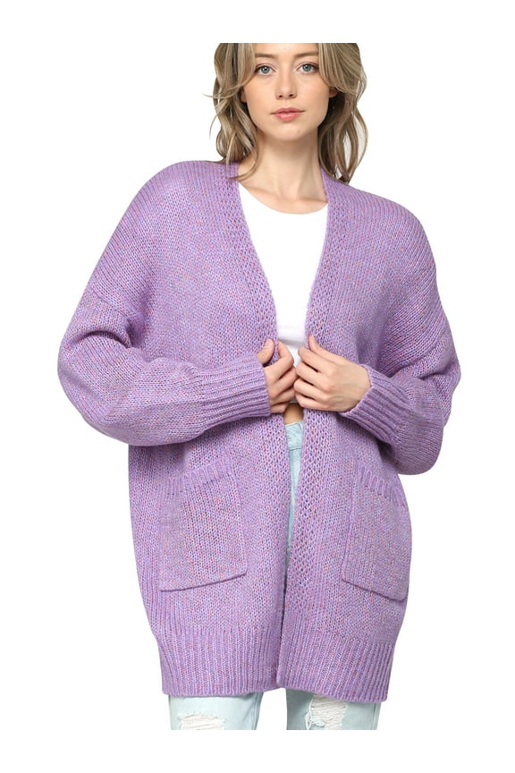 Women's Kimono Long Sleeve Batwing Open Front Chunky Knit Cardigan Loose Sweater with Pockets XL LILAC
