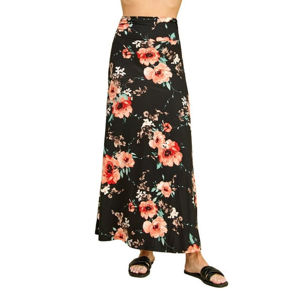 Made by Johnny Women's Lightweight Floor Length Maxi Skirt XL BLACK_FLORAL