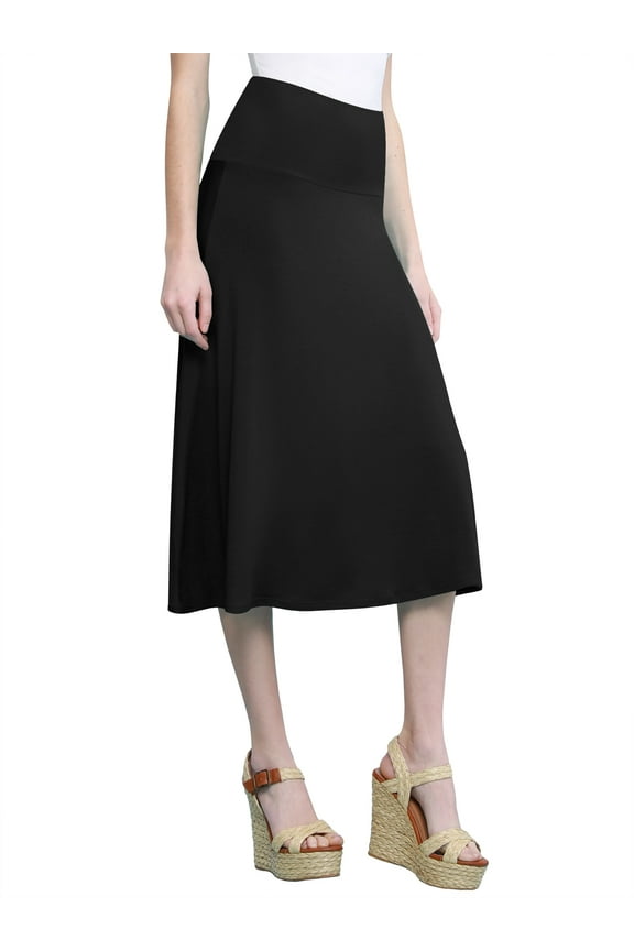 Women's Lightweight Fold Over Flared Midi Skirt L BLACK