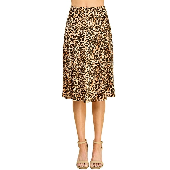 Made by Johnny Women's Lightweight Fold Over Flared Midi Skirt M LEOPARD