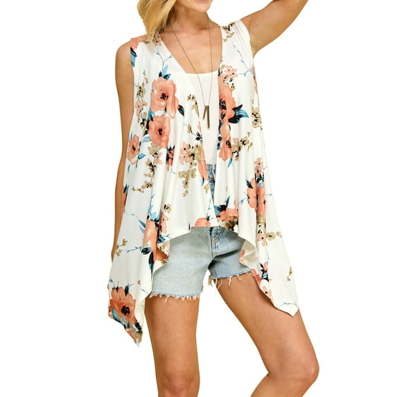 Made by Johnny Women's Lightweight Sleeveless Draped Open Cardigan XXL WHITE_FLORAL