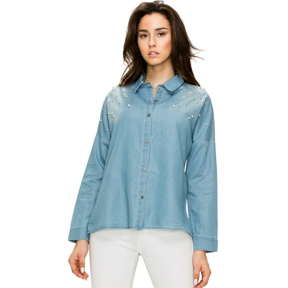Made by Johnny Women's Long Sleeve Pearl Beading Button Down Denim Blouse S LIGHT_BLUE
