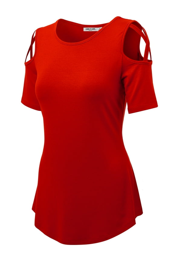 Women's Loose Short Sleeve Strappy Cold Shoulder Top L RED