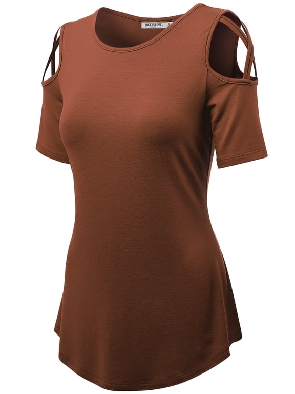 Women's Loose Short Sleeve Strappy Cold Shoulder Top L RUST