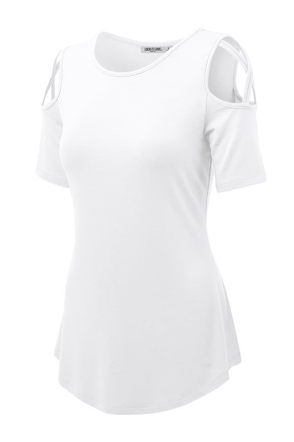 Women's Loose Short Sleeve Strappy Cold Shoulder Top L WHITE