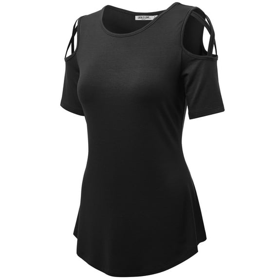 Made by Johnny Women's Loose Short Sleeve Strappy Cold Shoulder Top S BLACK