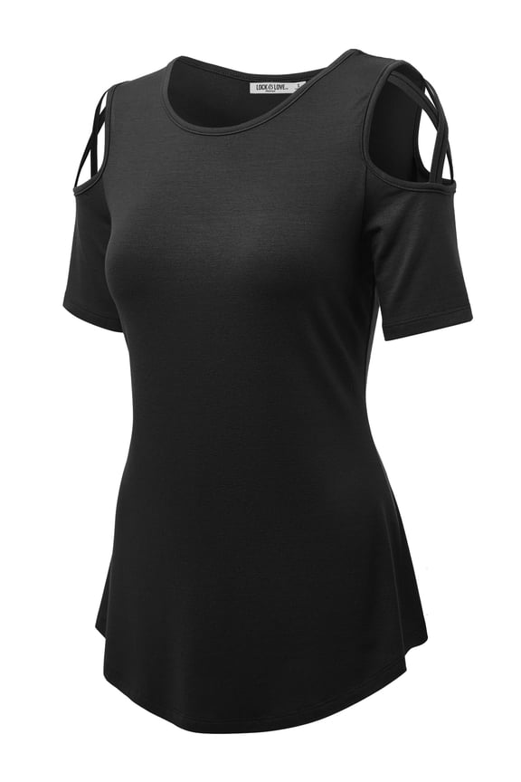 Women's Loose Short Sleeve Strappy Cold Shoulder Top S BLACK