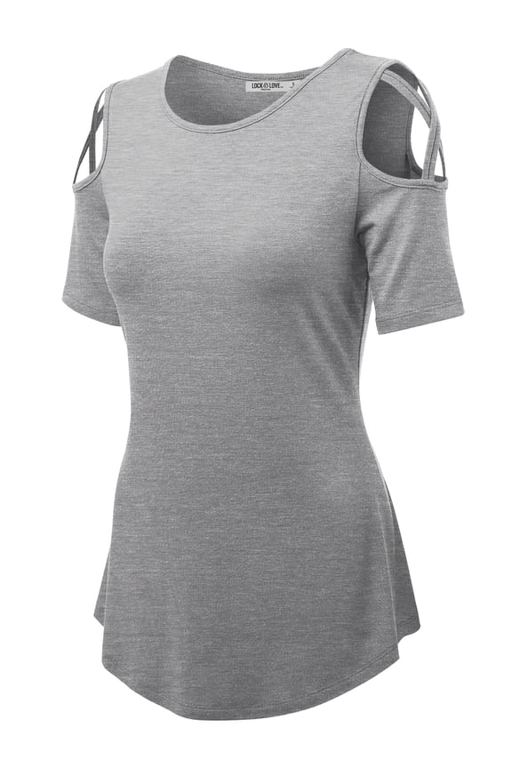 Women's Loose Short Sleeve Strappy Cold Shoulder Top S HEATHER_GREY