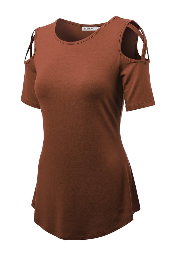 Women's Loose Short Sleeve Strappy Cold Shoulder Top S RUST