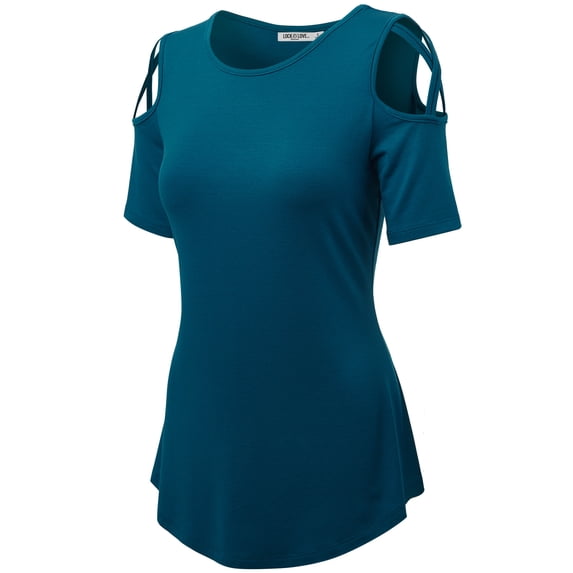 Made by Johnny Women's Loose Short Sleeve Strappy Cold Shoulder Top S TEAL