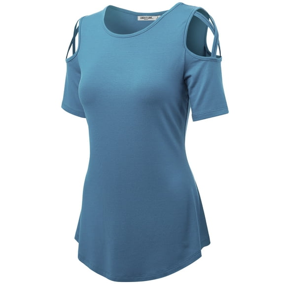 Made by Johnny Women's Loose Short Sleeve Strappy Cold Shoulder Top XL DENIM