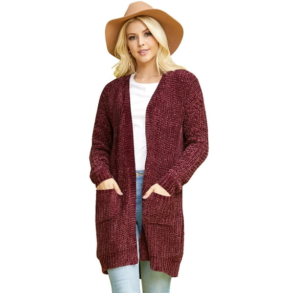 Made by Johnny Women's Open Front Long Knitted Cardigan with Pockets S WINE