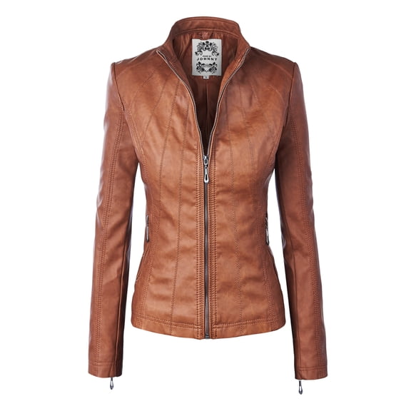 Made by Johnny Women's Panelled Faux Leather Moto Jacket L CAMEL