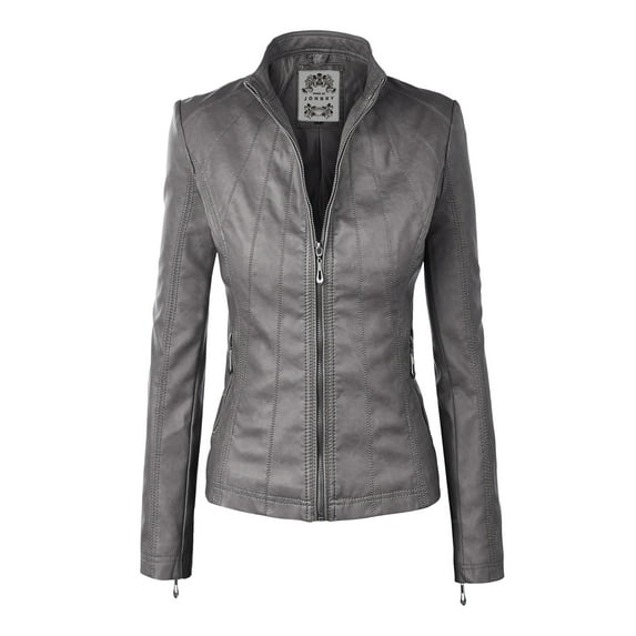 Made by Johnny Women's Panelled Faux Leather Moto Jacket L GREY