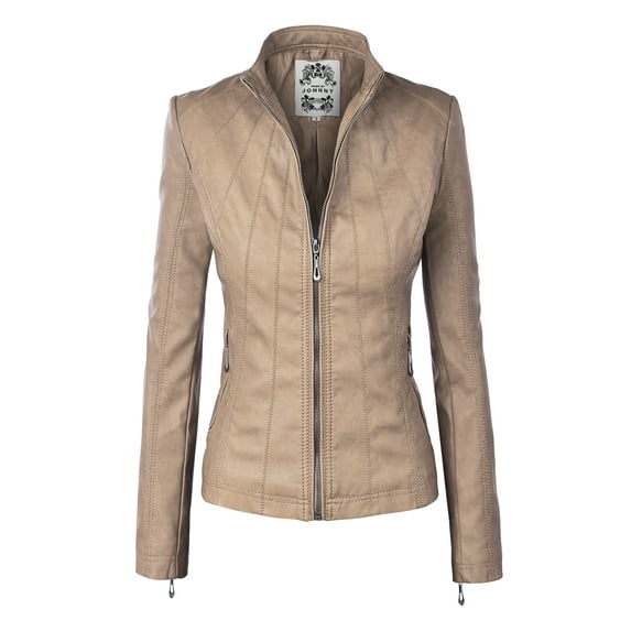 Made by Johnny Women's Panelled Faux Leather Moto Jacket XL KHAKI