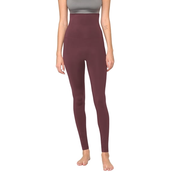 Made by Johnny Women's Peached Front Seamless Foldable Waist Leggings with Inner Pocket Full-Length Yoga Pants L WINE