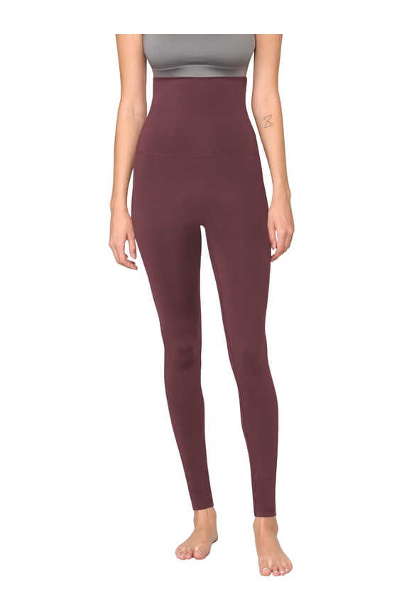 Women's Peached Front Seamless Foldable Waist Leggings with Inner Pocket Full-Length Yoga Pants L WINE