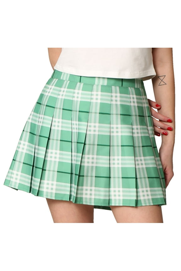 Women's Plaid High Waist School Uniform Pleated Skater Tennis Skirt M GREEN_PLAID